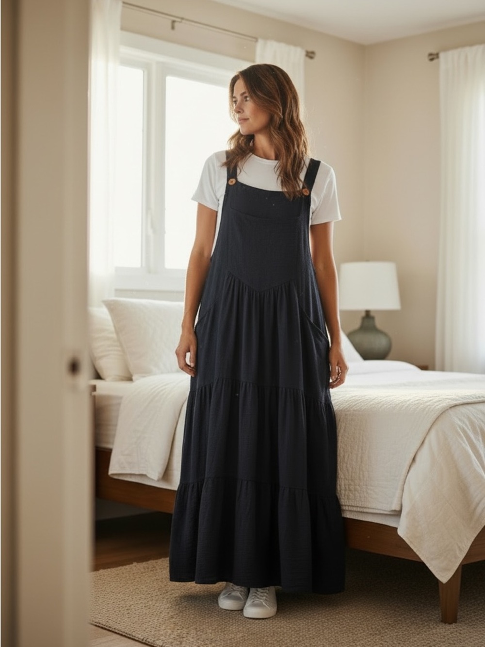 MOON WOOD Navy Blue Plus Size 3XL Tiered Pinafore Maxi Dress & Pockets New NWT
